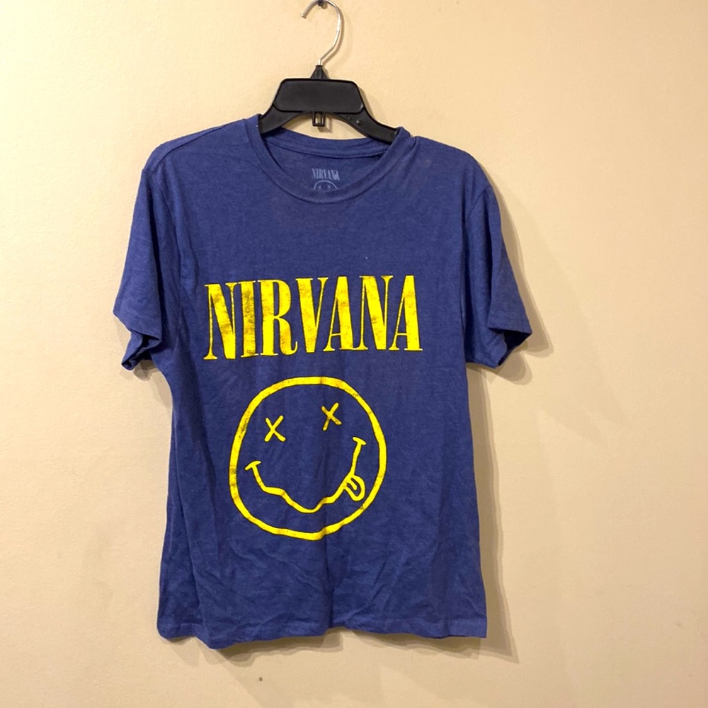 Unisex Navy Short Sleeve Crew Neck Nirvana Smiley Face Band Tee Shirt sz M